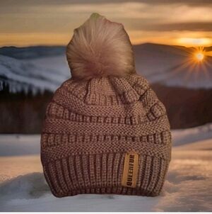 Queenfur Purple Knit Hat With Tan Pom Pom Snow Bunny